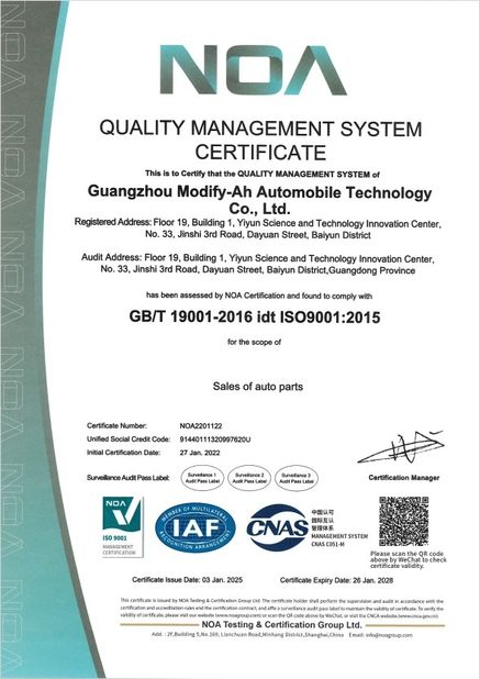 Chiny GUANGZHOU MODIFY-AH AUTOMOBILE TECHNOLOGY CO., LTD Certyfikaty